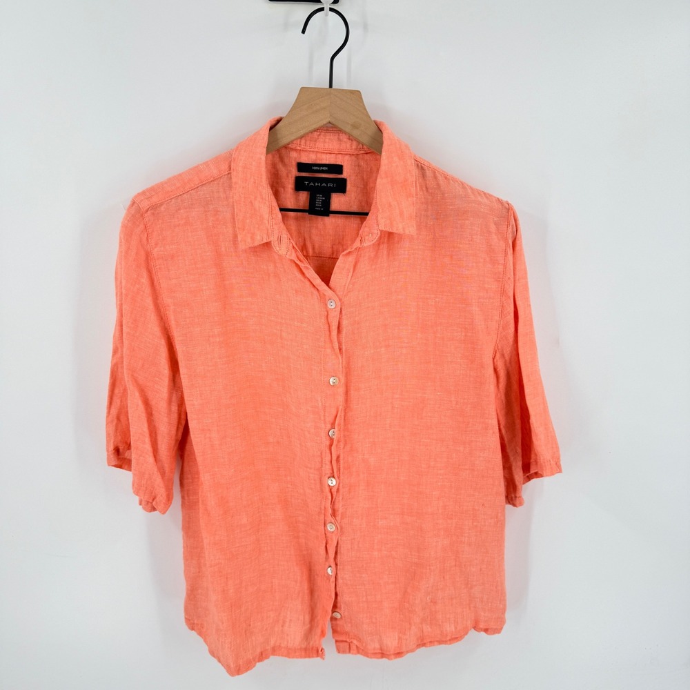 Tahari Button Down‎ Shirt Coral Medium Linen Short Sleeve Casual Coastal Summer